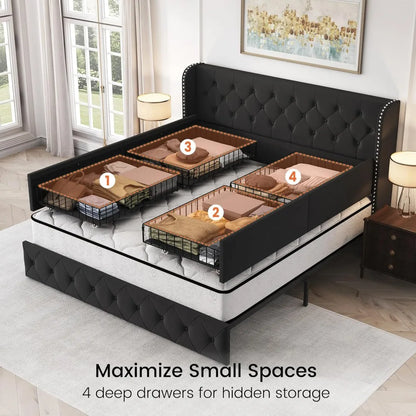 King Size Platform Bed Frame with Storage Drawers, Tufted Velvet Headboard, Easy Assembly, Black