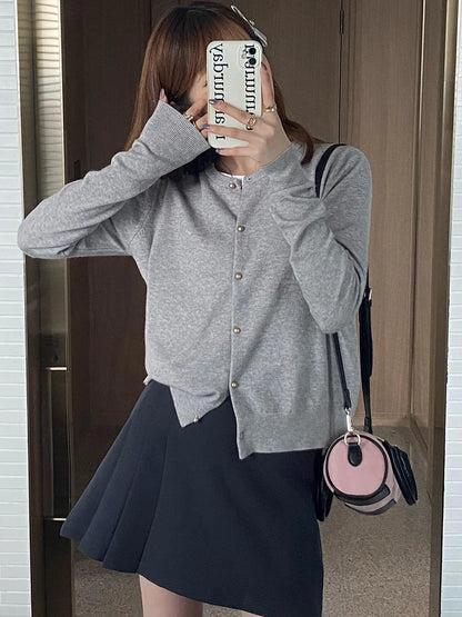 Solid Color Knitted for Women Cardigan Korean Single Breasted Long Sleeve Jumper Woman Round Neck All Match Cardigans Outwear