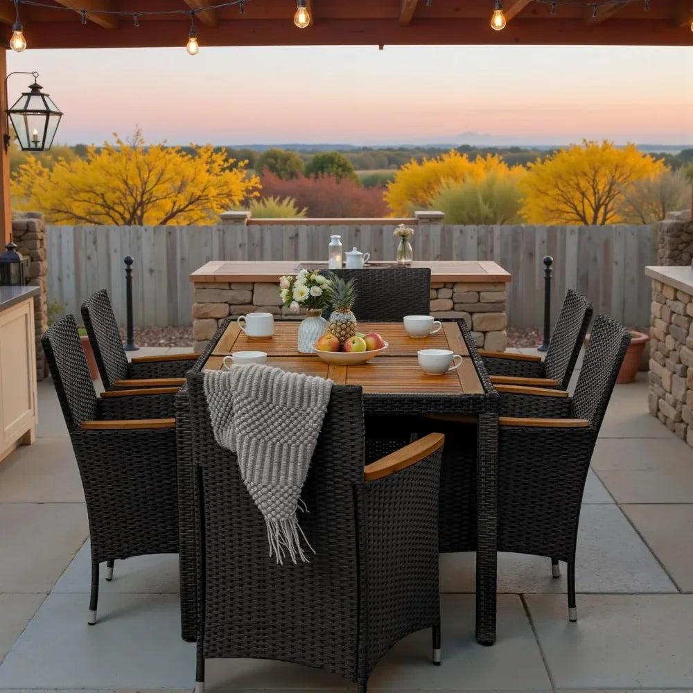 7 Piece Outdoor Patio Dining Set, Conversation Set, 1 Table and 6 Rattan Chairs, Curved Acacia Wood Armrests and Cushions