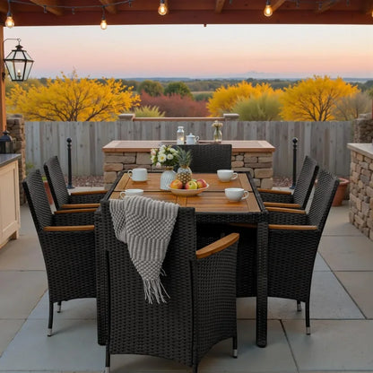 7 Piece Outdoor Patio Dining Set, Conversation Set, 1 Table and 6 Rattan Chairs, Curved Acacia Wood Armrests and Cushions