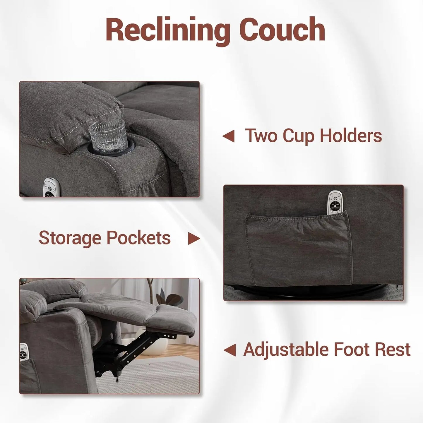3 Piece Manual Recliner Sofa Set with Cup Holders Home Theater Office Grey Fabric Loveseat+Chair+Chair, Customized