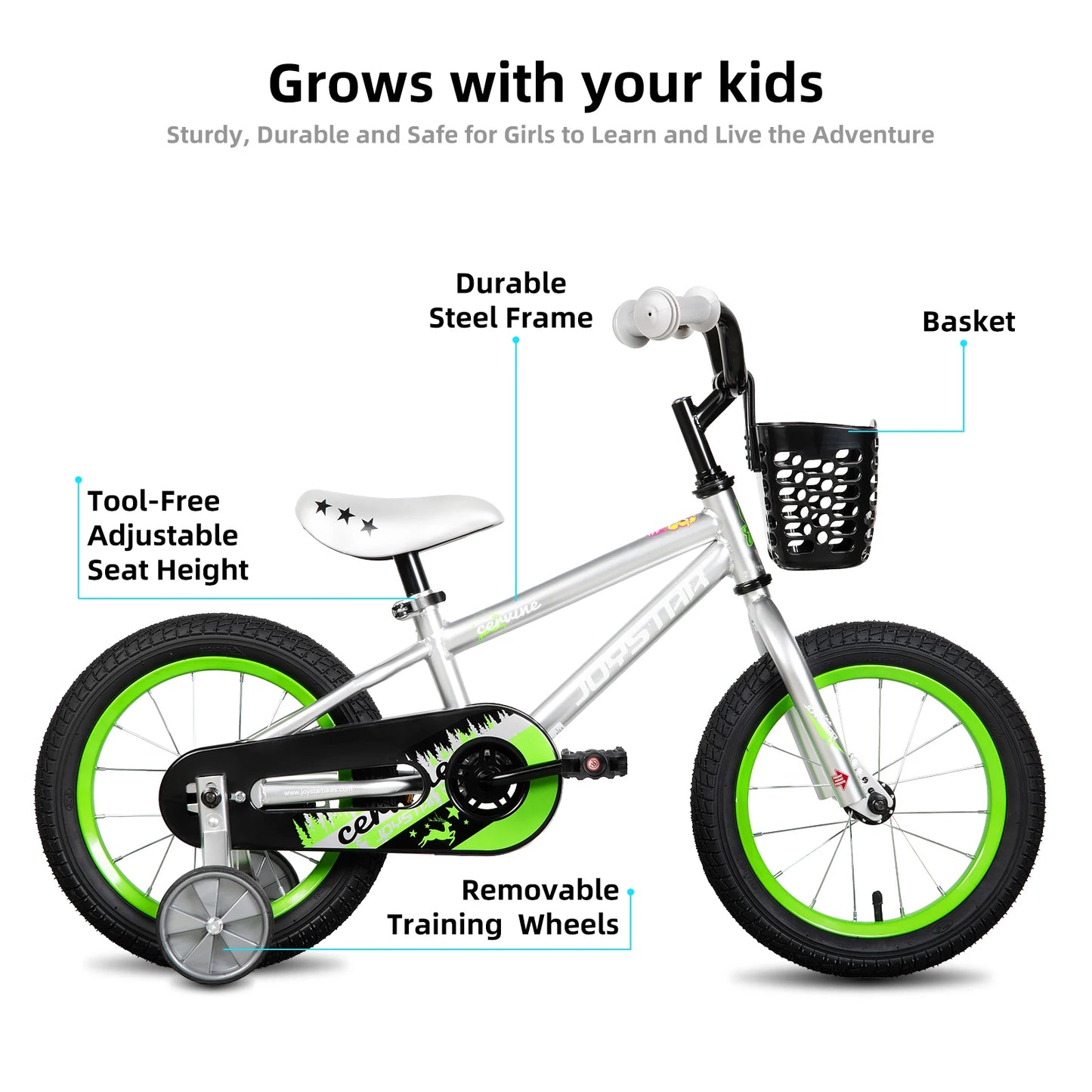 JOYSTAR Cervine 14 18 20 Inch Kids Bike Ages 3-10 Years, graffiti style bike with basket, auxiliary wheels, soft seat, Grey