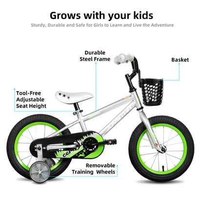 JOYSTAR Cervine 14 18 20 Inch Kids Bike Ages 3-10 Years, graffiti style bike with basket, auxiliary wheels, soft seat, Grey