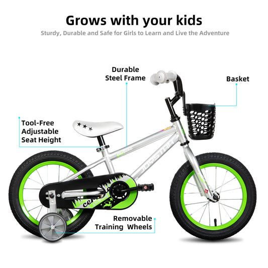JOYSTAR Cervine 14 18 20 Inch Kids Bike Ages 3-10 Years, graffiti style bike with basket, auxiliary wheels, soft seat, Grey