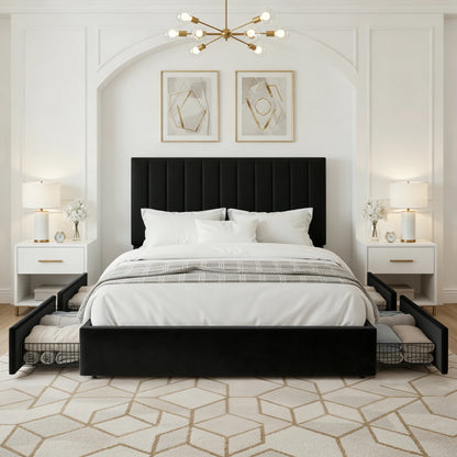 HOOMIC Full/Queen/King Velvet Storage Bed Frame with Adjustable Vertical Channel Headboard,4 Large Drawers, No Box Spring Needed