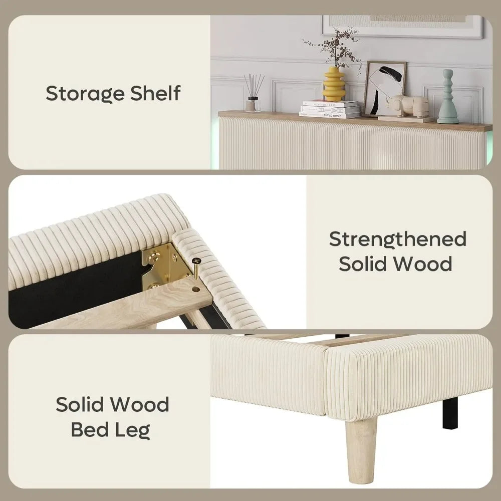 Bestier Queen Corduroy Upholstered Bed Frame with Adjustable Vertical Channel Headboard, LED Platform Bed with Storage Shelf, So