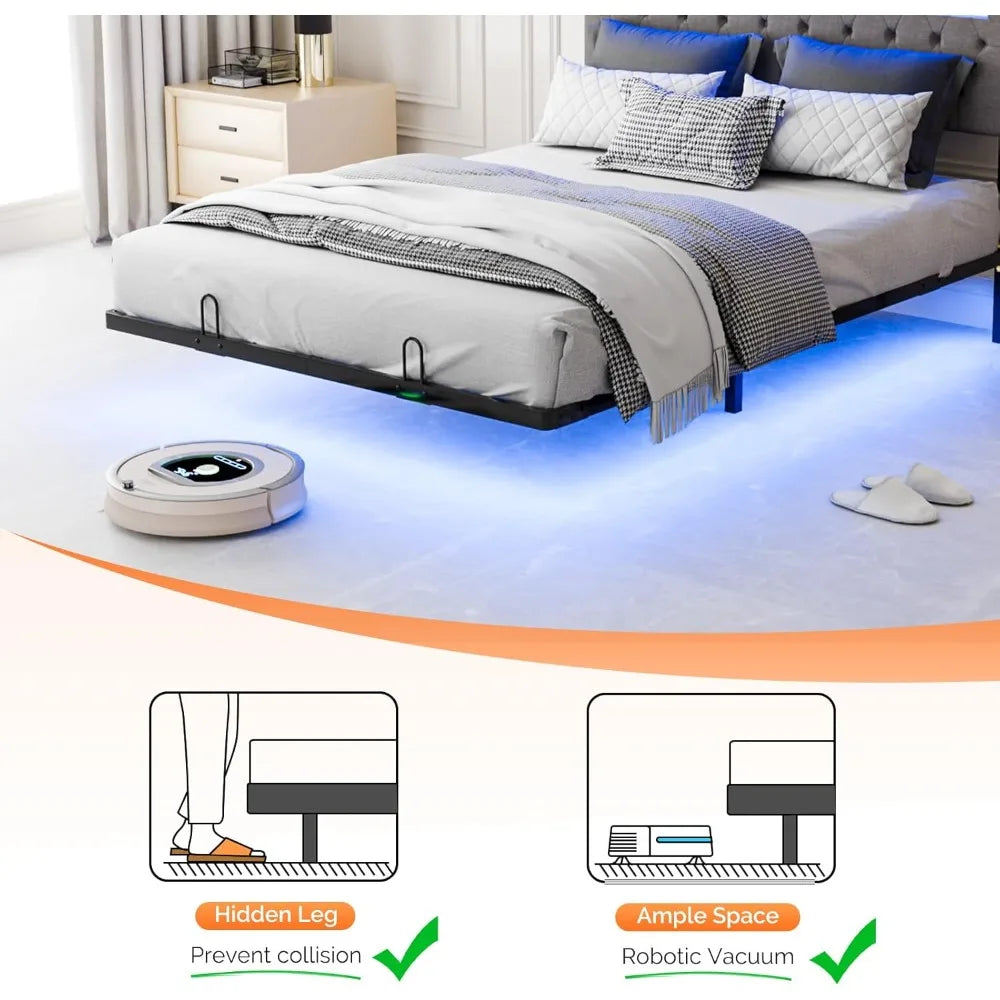 Full Size Floating Bed Frame with Charging Station,Modern Metal Full Bed with led Lights,Easy Assembly,Upholstered Bed Frame