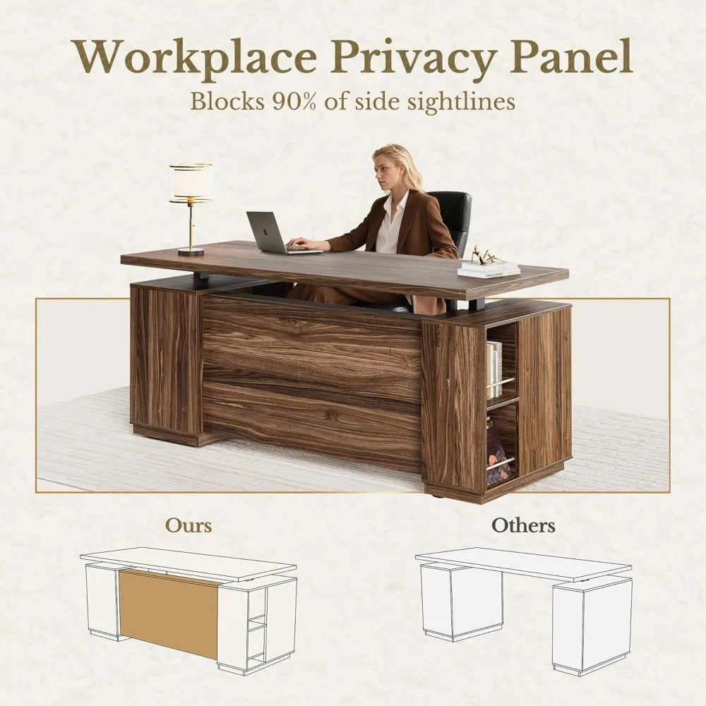 70" Electric Standing Desk with Storage & USB, Adjustable Height 29.5-43.3", Black Walnut Executive Office Desk