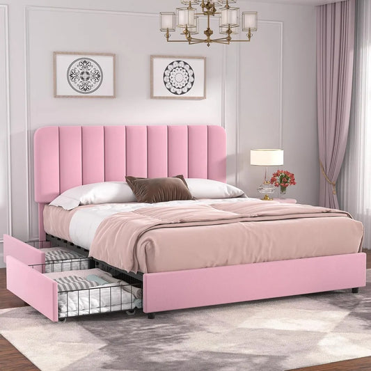 Full Size Upholstered Bed Frame with 4 Storage Drawers, Velvet Headboard, Wood Slat Support, No Box Spring Needed in Pink