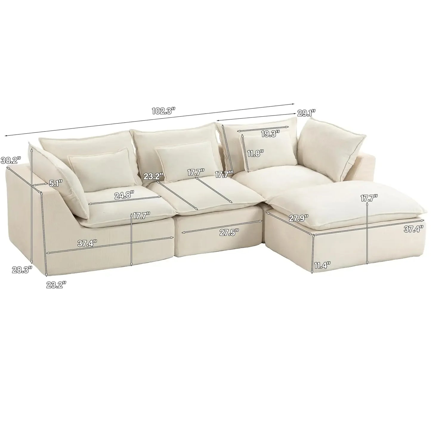 Cloud Couch 102.3'' Oversized Boneless Sectional Sofa with Ottoman - Modern Modular Customized Comfortable Seating Furniture