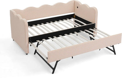 Twin Size Sofa Bed with Trundle, USB Port, Linen Fabric - Navy & Pink Gingham Design