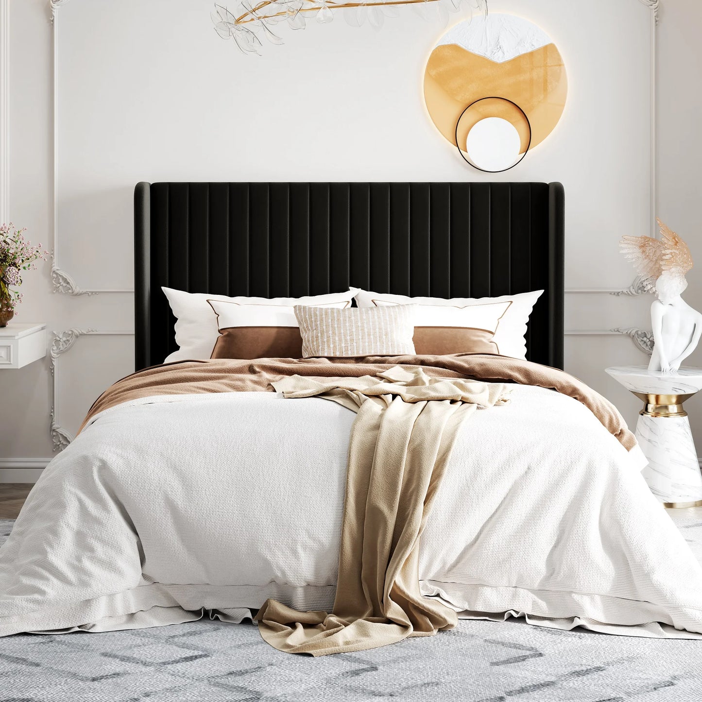 HOOMIC Velvet Upholstered Bed Frame, Vertical Channel Tufted Wingback Headboard, Wooden Slats Support Allewie
