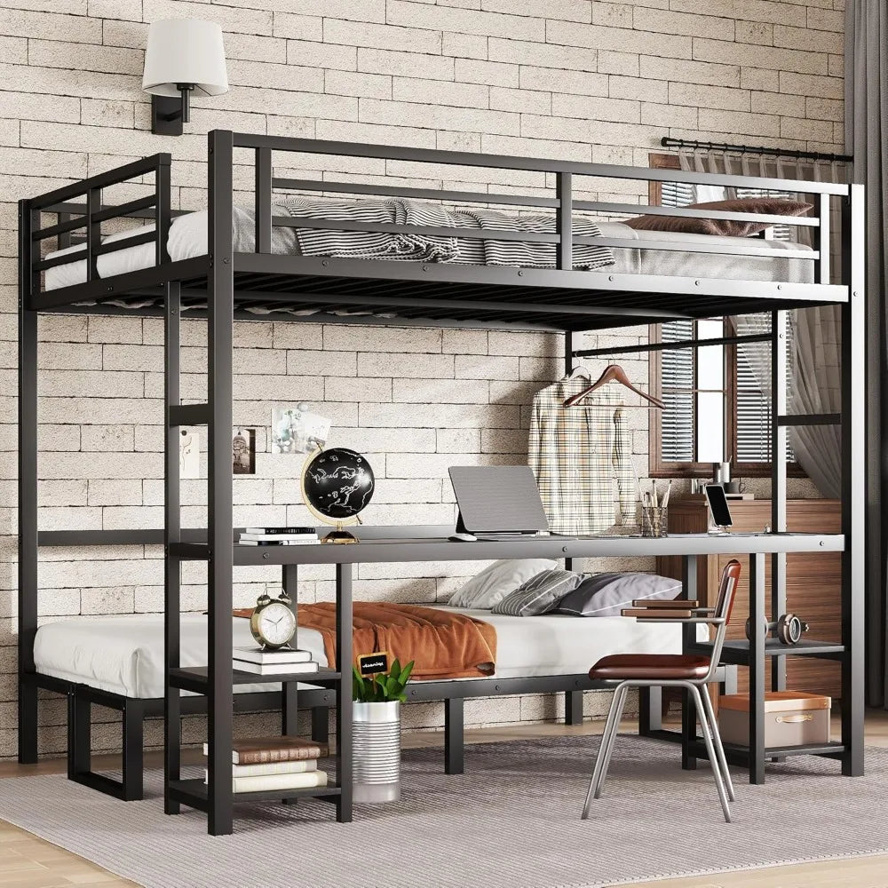 Futon bunk Bed Twin XL Over Queen, Queen loft Bed with futon and Desk and Shelves, LED, USB, Black