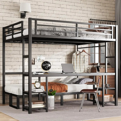 Futon bunk Bed Twin XL Over Queen, Queen loft Bed with futon and Desk and Shelves, LED, USB, Black