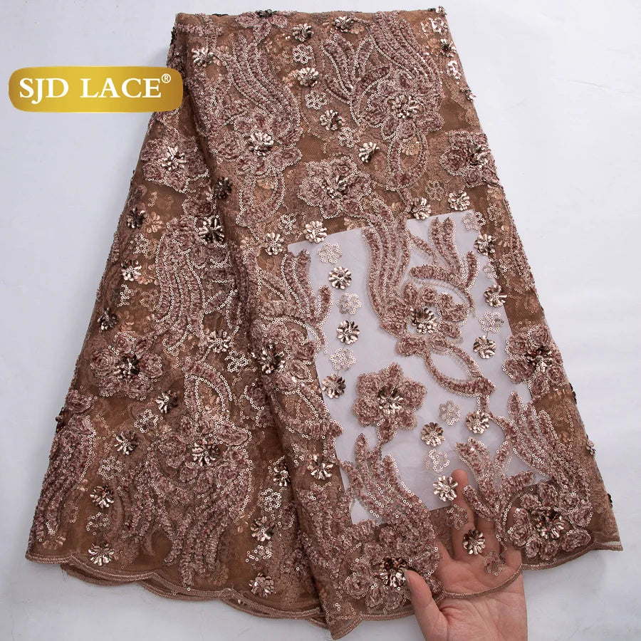 SJD LACE French Mesh Lace Fabric with Beads 2025 High Quality Nigerian African Net Tulle Lace for Sewing Women Wedding Dress4319