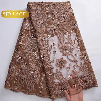 SJD LACE French Mesh Lace Fabric with Beads 2025 High Quality Nigerian African Net Tulle Lace for Sewing Women Wedding Dress4319