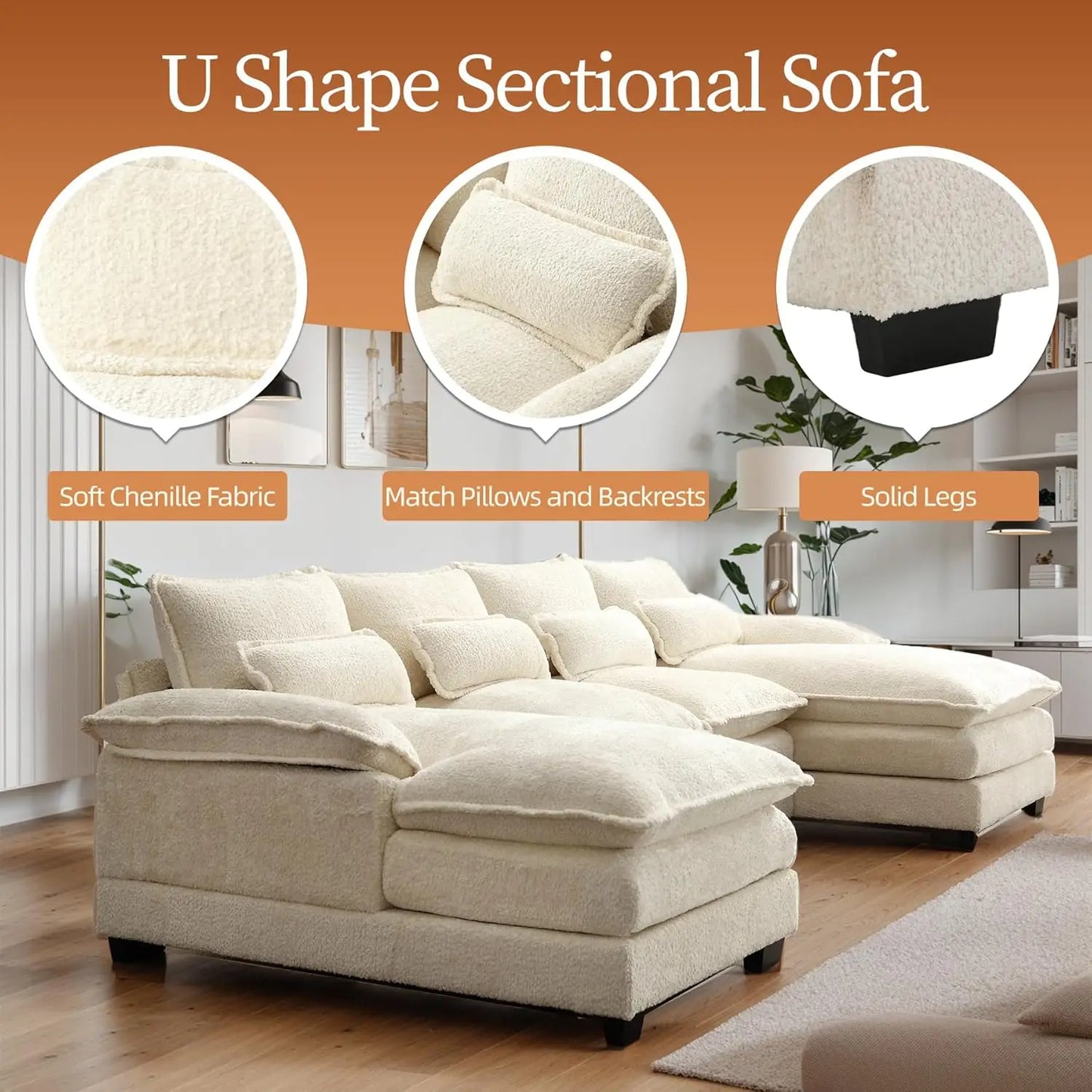 Modern U Shape Sectional Sofa Cloud Couch, 110" Upholstery Chenille Fabric Modular Couch, Comfy 4 Seat Sleeper Sofa With Double