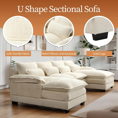 Modern U Shape Sectional Sofa Cloud Couch, 110" Upholstery Chenille Fabric Modular Couch, Comfy 4 Seat Sleeper Sofa With Double