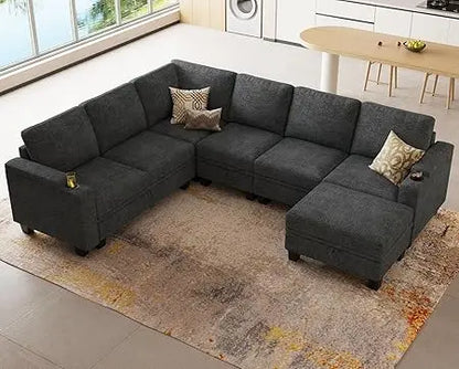Chenille Modular Sectional Sofa Convertible L Shaped Corner Couches for Living Room with Storage Armrest with Cup Holder Dark G
