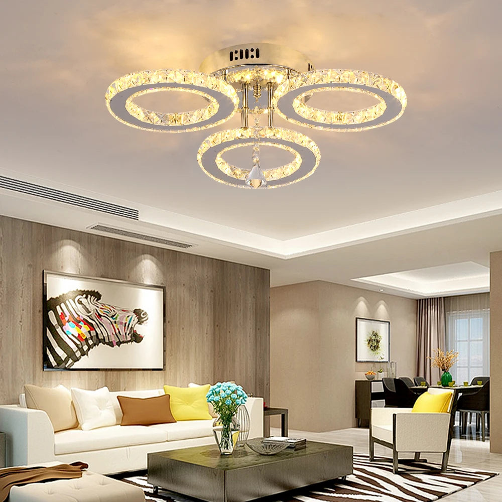 Modern Ceiling Lamp Pendant Light Crystal Led Chandelier Fixture Rings Stainless Steel Plafonnier Kids Bedroom Home Decor Indoor