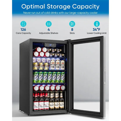 Beverage Refrigerator Cooler - 126 Can Mini Fridge Glass Door for Drinks Soda Beer Wine - Small Refrigerator for Office Bedroom