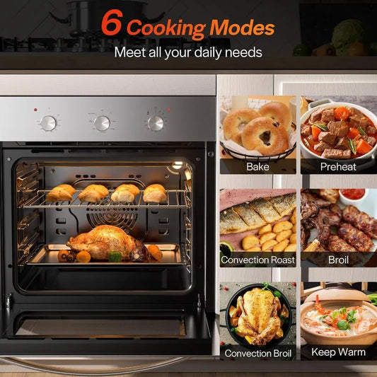 Empava 24 inch Electric Single Wall Oven with 6 Cooking Funcitons, Built-in Convection System with Mechanical Knob Control