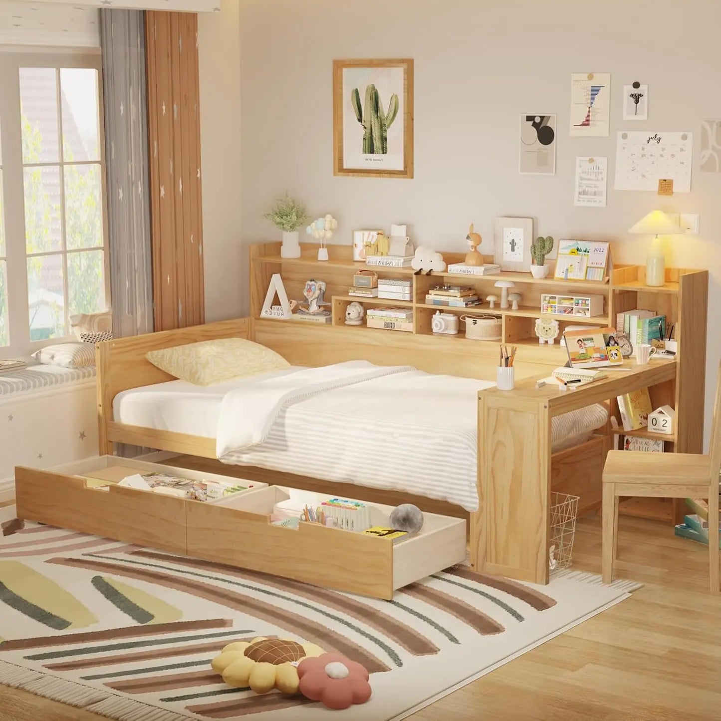 Twin Size Daybed with Trundle, Side Bookcase and Desk, Pine Wood Captains Bed with Storage Shelves Headboard , Customized