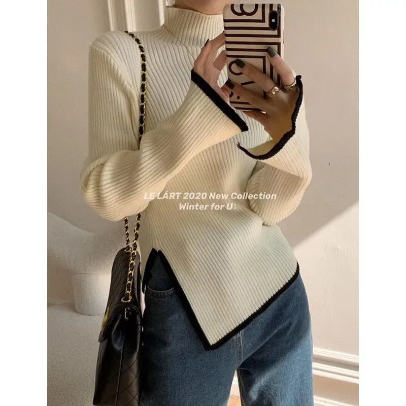 High Collar Knitted Sweater Women's Autumn Winter Loose Style Irregular Design Comfortable Lazy Fashion Early Autumn Top