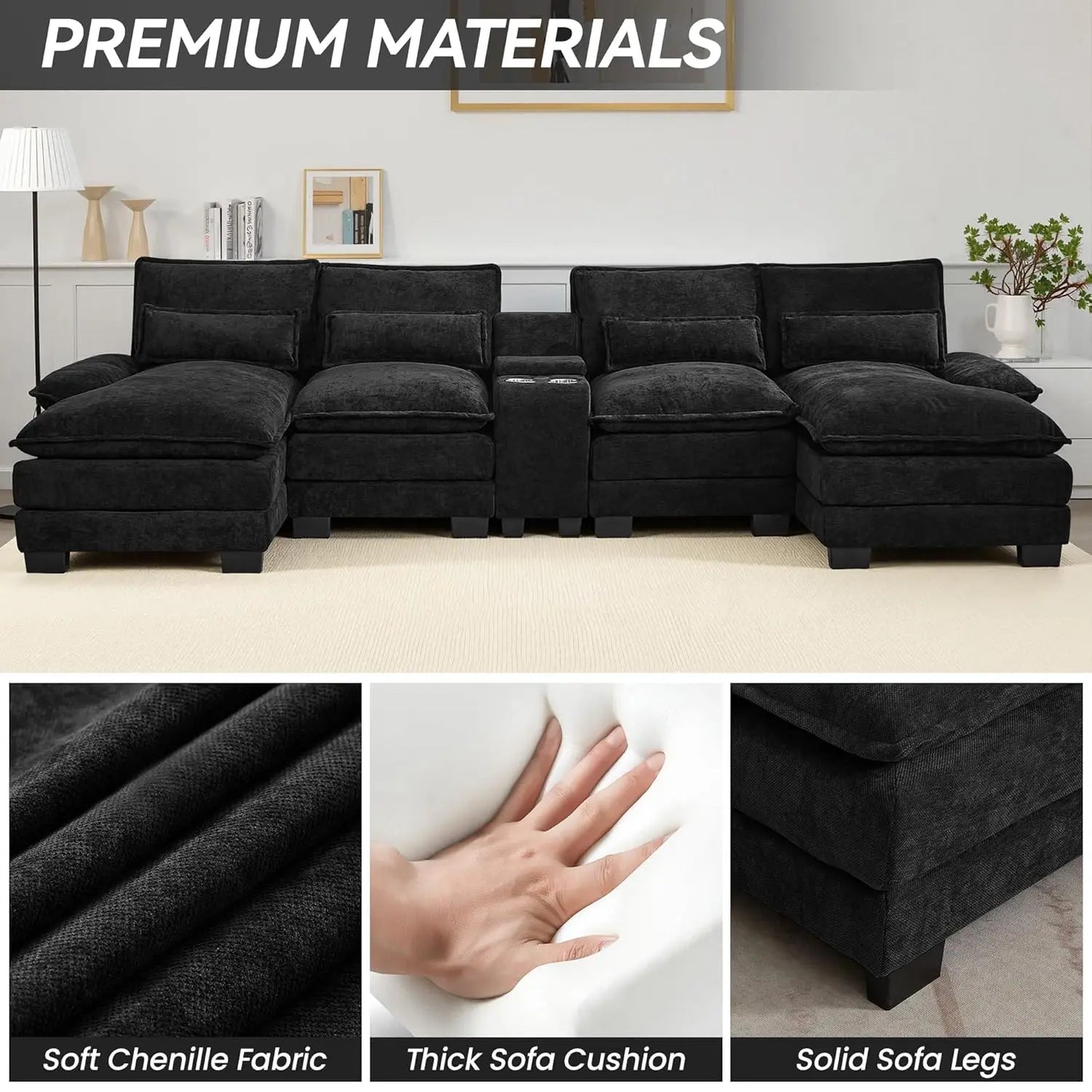 125" U Shaped Cloud Modular Sectional Couch for Living Room, Small Comfy Chenille Sofa with Double Chaise Lounge,, Customized