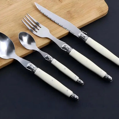 4/6/24pcs Laguiole Ivory White Silverware Stainless Steel Steak Knives Table Forks Dinner Spoons Dessert Teaspoon Xmas Cutlery