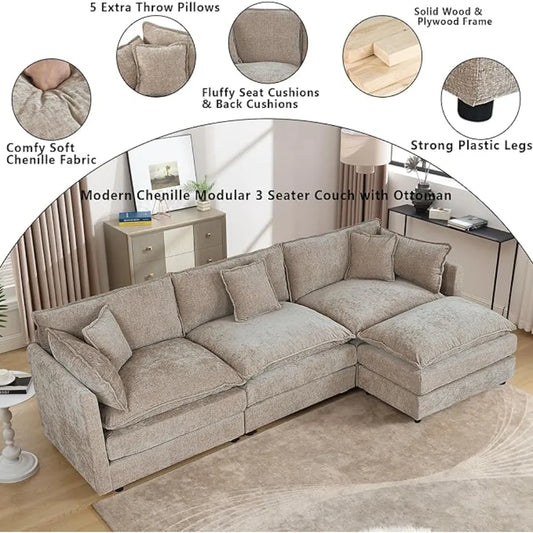 112.2" L-Shaped Cloud Couches | Deep 3 Seater Couch with Ottoman | Soft Chenille Cloud Sofa for Cozy Living Room,Customized