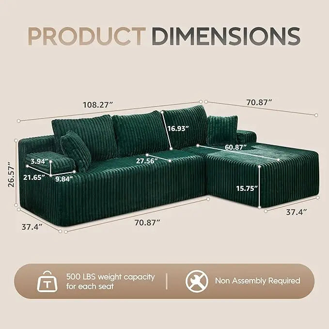 Modular Sectional Sofa Couches 108" L-Shape Couch 3 Seat Modular Sofa Memory Foam Sectional Couches for Living Room
