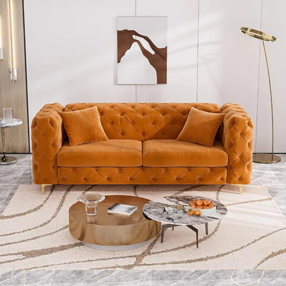 75" Sofa Couch Mid Century Modern Velvet Couch Tufted Button Sofa High Armrest & Metal Gold Legs Luxury Chesterfield Decor with