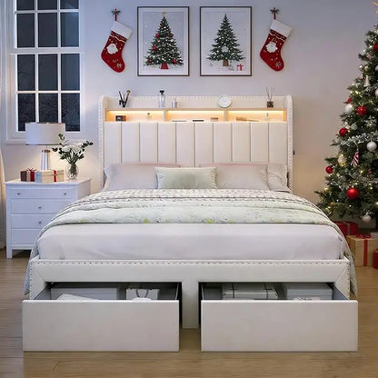 Modern Platform Bed with Upholstered Wingback Headboard, 2 Drawers, Channel Tufted, No Box Spring Needed Customized