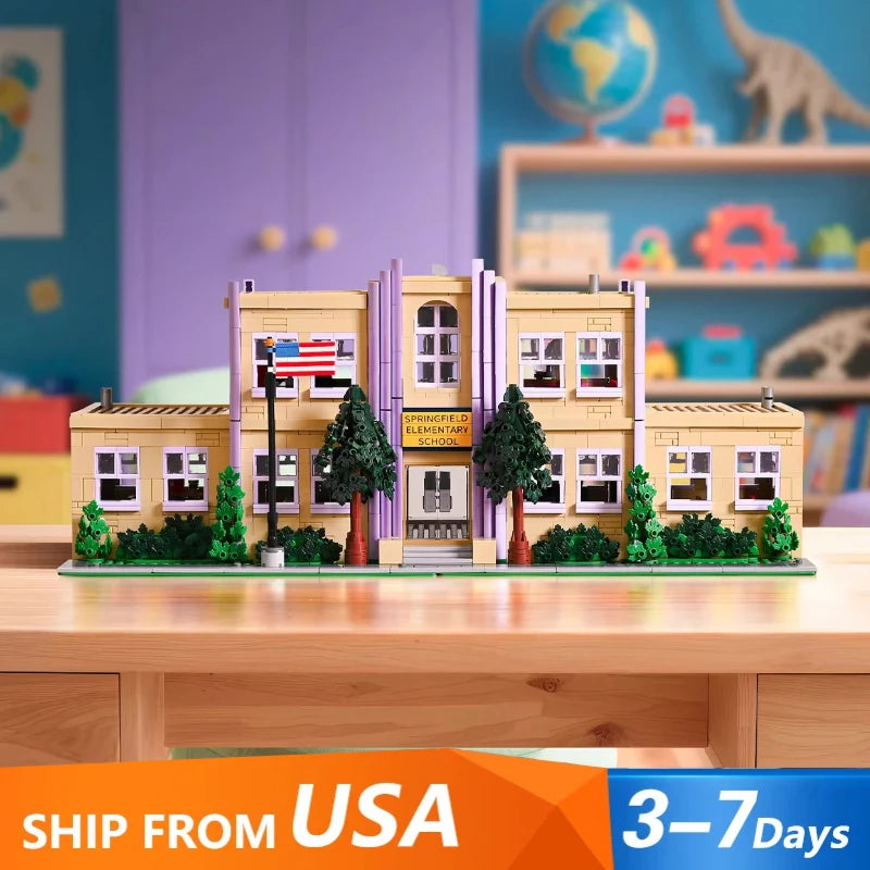 3500PCS MOC Springfield Elementary School Building Blocks Street View Modular Architecture Brick with 8 Figuren Model Toys Gifts
