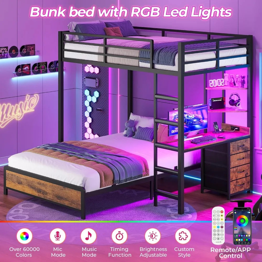 Twin Over Full Bunk Bed with Desk, Charging Station, LED Lights & Storage for Kids/Teens - Space-Saving Loft Bed