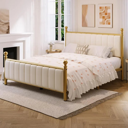 Bed Frame with Headboard, Upholstered Platform Metal Beds Frame Supported by Strong Metal Slats, No Box Spring Needed