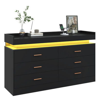 6 Drawer Dresser, 46'' Modern Chest of Drawers for Closet with LED Light, Wide Drawer Organizer Cabinet for Bedroom, White/Black