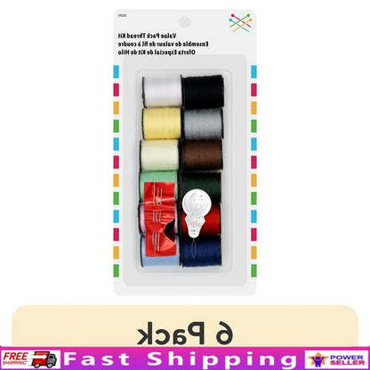 12 Count Assorted Colors Durable Polyester Sewing Thread Spools 6 Pack Bobbins 25 Yd Quilting Repair Needles Threader Value Kit