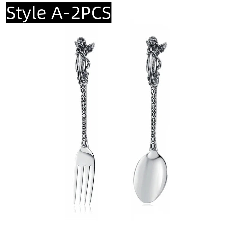 Creative Party Decor Fork and Spoon Set Skull Angel Mermaid Cutlery Stainless Steel Fork Spoon Halloween Party Dinner Cutlery