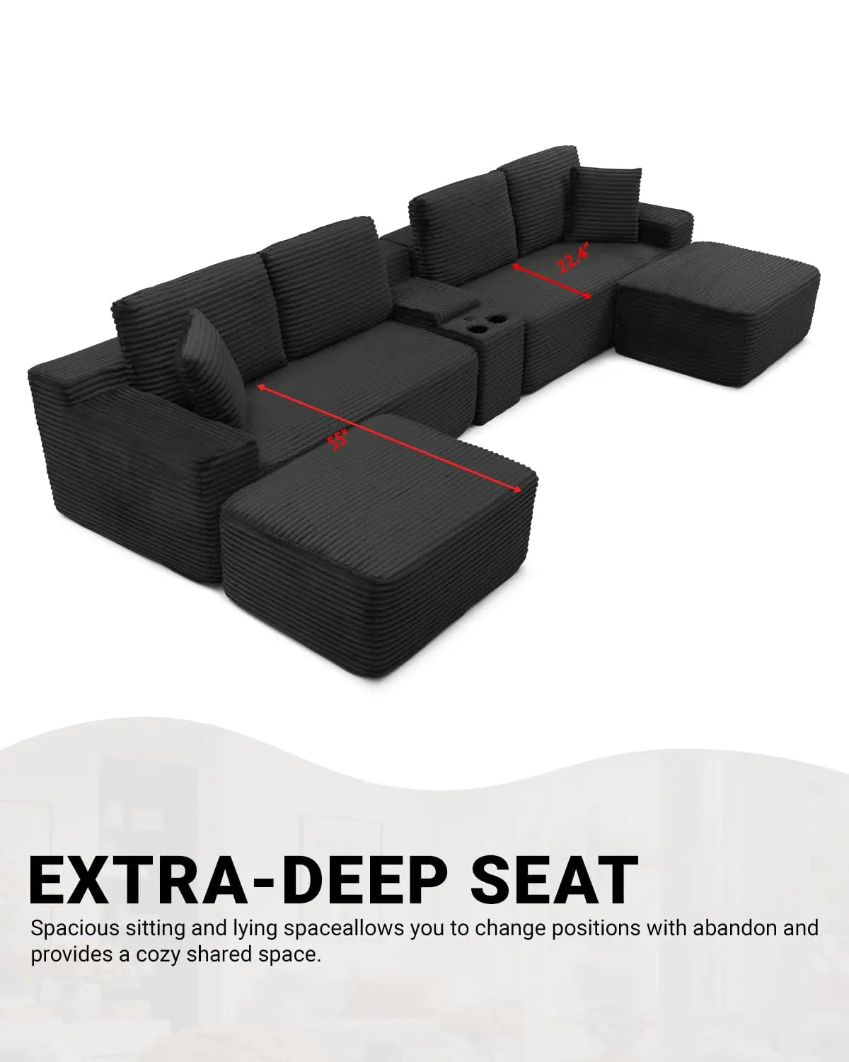 125" Oversized Modular Sectional Sofa, Deep Seat Cloud L-Shaped Corduroy Couch with Cup Holders, USB Ports &, Customized