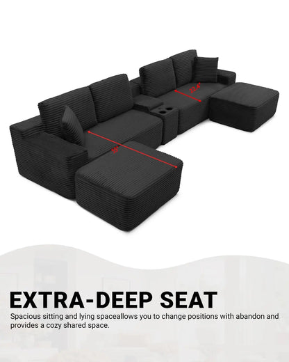 125" Oversized Modular Sectional Sofa, Deep Seat Cloud L-Shaped Corduroy Couch with Cup Holders, USB Ports &, Customized