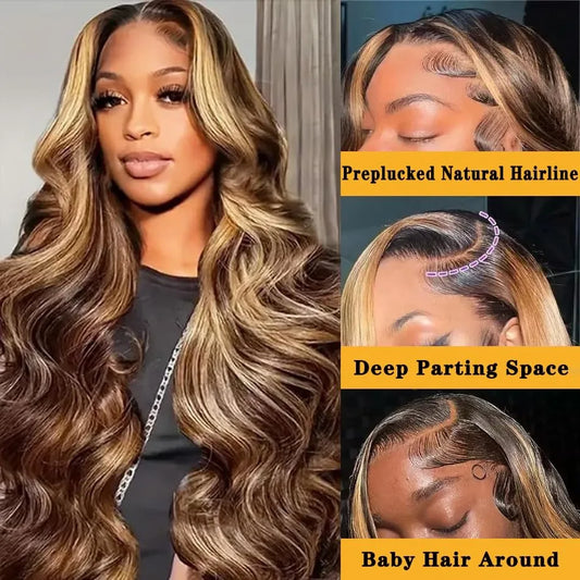 30 Inch Honey Blonde Ombre 13X4 HD Lace Front Wig Human Hair Highlight Body Wave Lace Frontal Wigs Pre Plucked 4/27 Colored