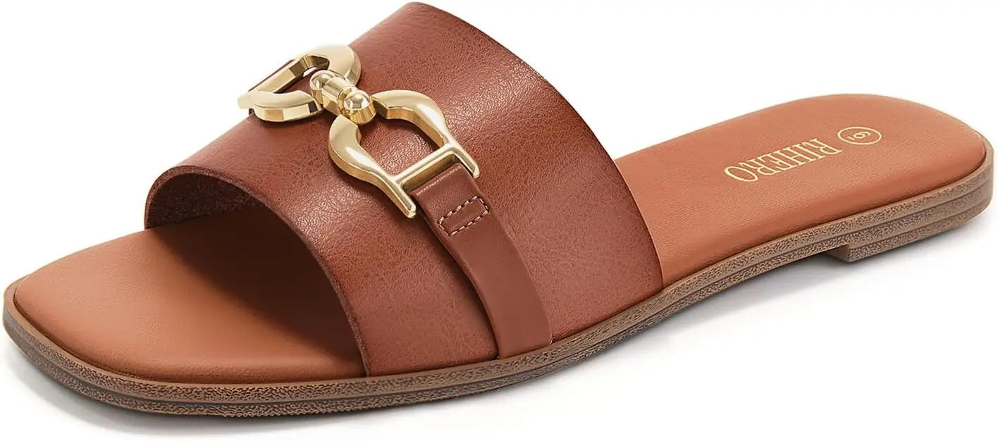 Women's Flat Sandals Summer Comfortable Square Open Toe Slip On Leather Slide Sandals