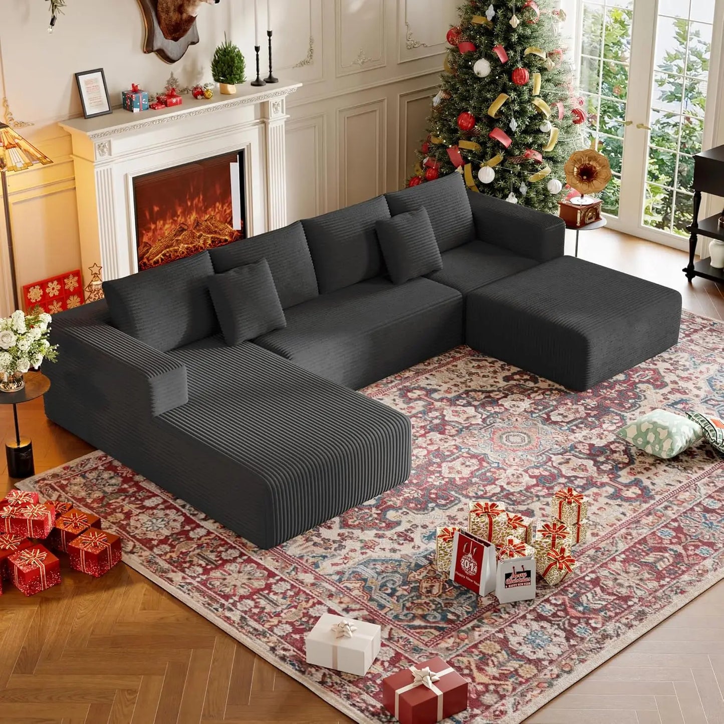 134.6''Sectional Sofa Couch for Livingroom,U-Shaped Boneless Couch with Chaise and Pillows,Modern Modular Corduroy Sofa,4-Deep S