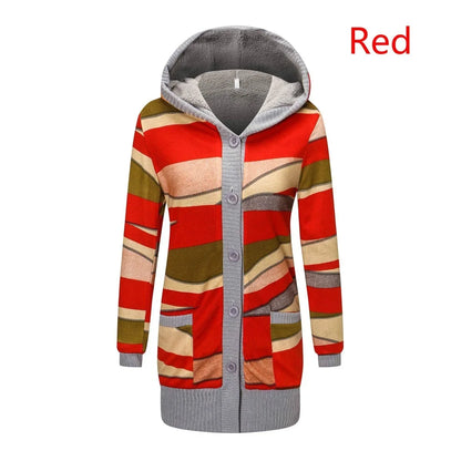Women Cardigan Striped Print Long Sleeve Sweater Coat Buttons Closure Hooded Plush Lining Sweater Outerwear For Autumn Winter