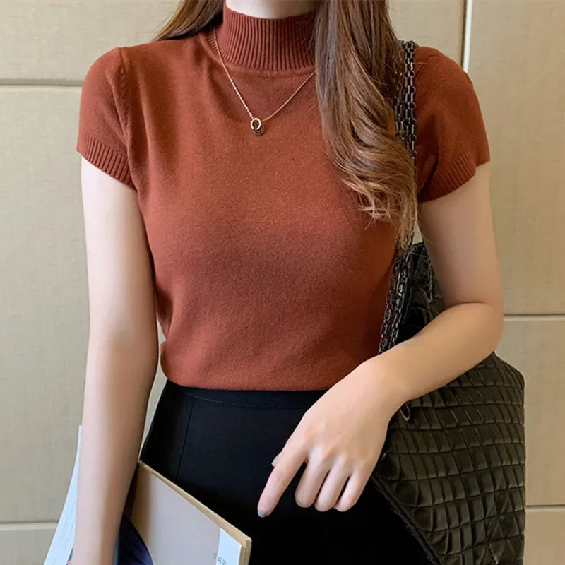 Korean Style Half Polo/turtle Neck Short Sleeves Knitted Top Women's Summer New Elegant Base Layer Top Slimming Cropped T-shirt
