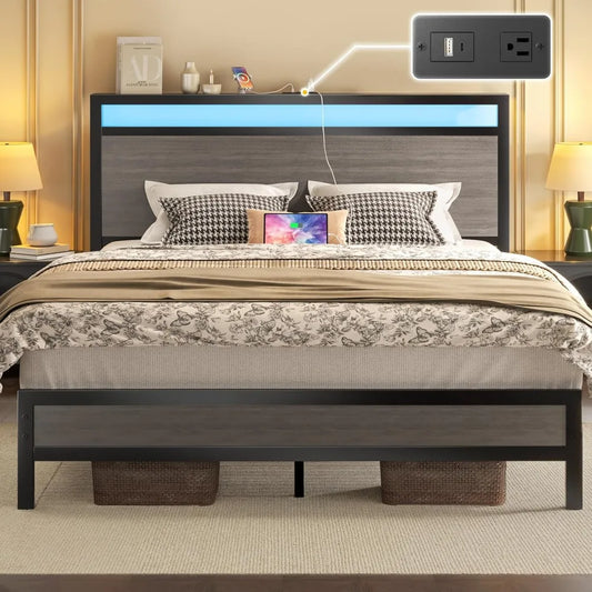 Queen Size Bed Frame with Headboard, Footboard, Built-in Charging Station, LED Lights, and Storage Shelves