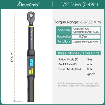 MOVECRAB Digital Torque Wrench 1-340N.m 2% Accuracy Preset & LED/Buzzer Alerts for Bike Motorcycles Automotive Mechanical Tool