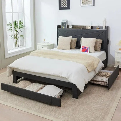 Queen Bed Frame with 3 Drawers, Upholstered Bed Frame Queen with Storage Headboard, AC USB & Type C Charge Station,Wooden Suppor